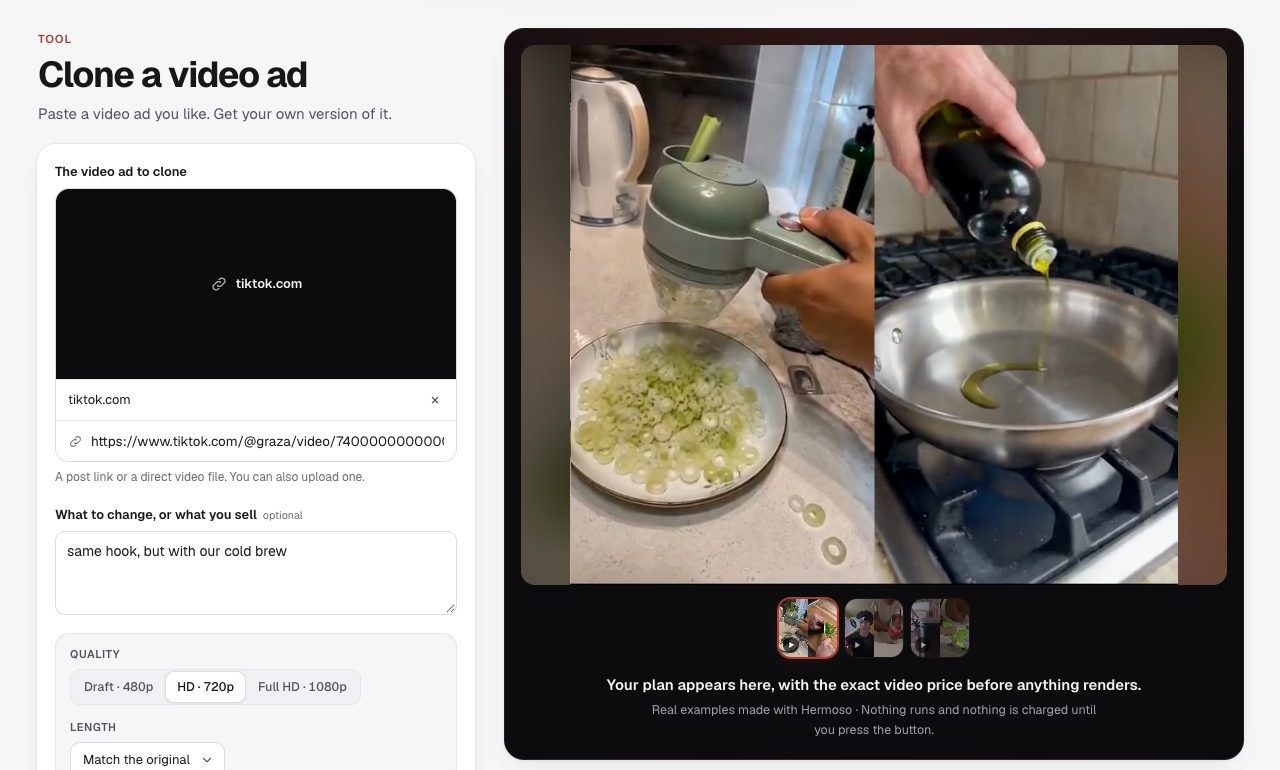 The Hermoso clone app with a TikTok link loaded and the note same hook, but with our cold brew
