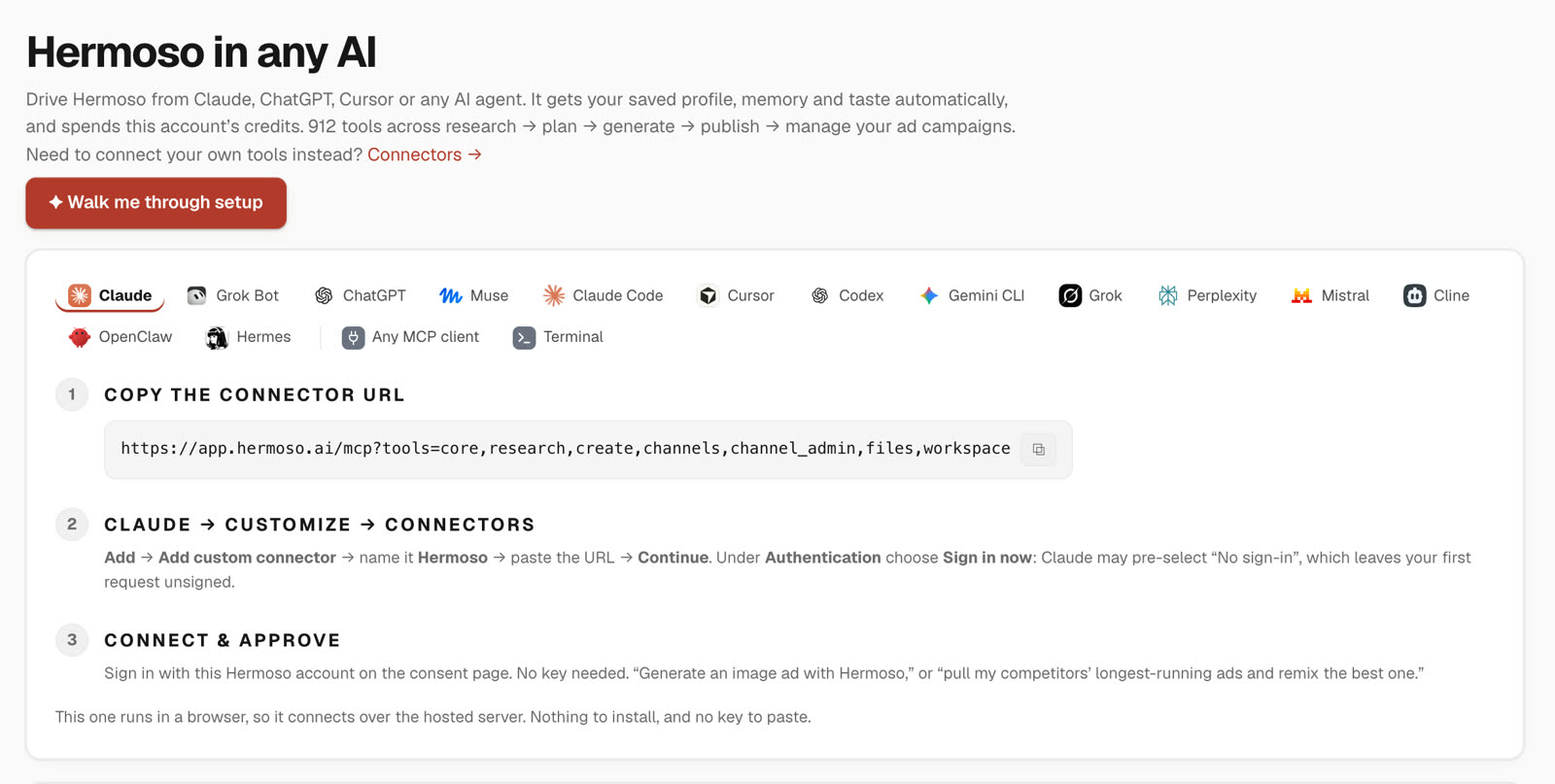 The Hermoso in any AI page, with setup tabs for Claude, Grok, ChatGPT, Muse, Claude Code, Cursor, Codex, Gemini CLI, Perplexity, Mistral, Cline, OpenClaw, Hermes, any MCP client and the terminal, and the three steps for adding the connector to Claude