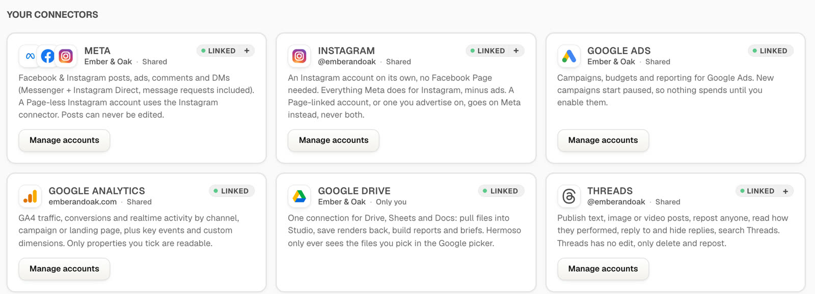 Connector cards in Hermoso for a candle brand: Meta, Instagram, Google Ads, Google Analytics and Threads shared across the brand, and Google Drive visible only to the person who connected it
