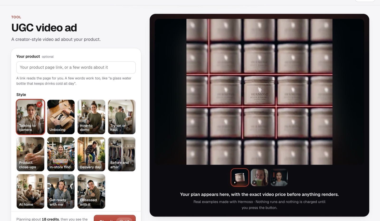 The Hermoso UGC video ad tool with eleven style tiles, including talking to camera, unboxing, how-to demo, get ready with me and before and after, beside an example video of a jar of face cream
