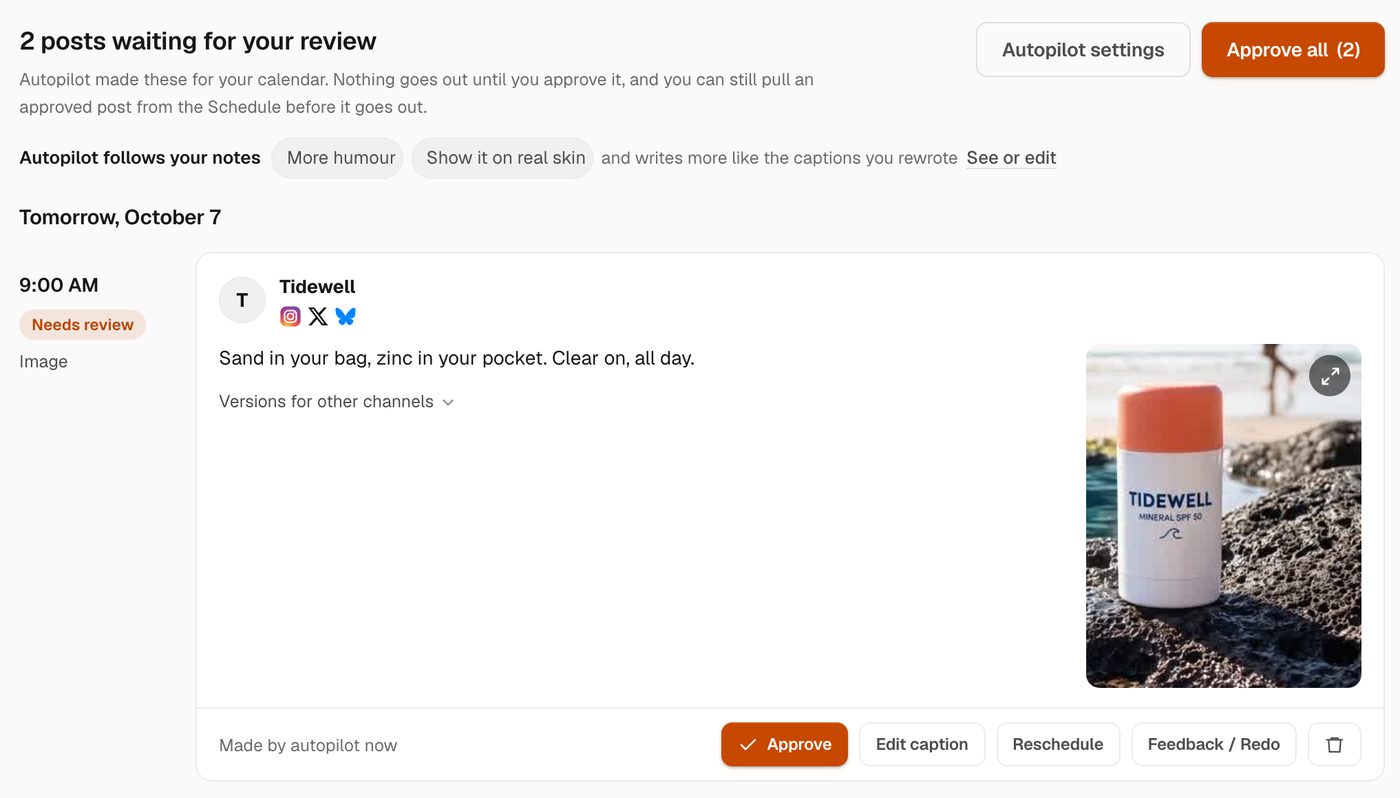 Autopilot posts waiting for review in Hermoso, with Approve, Edit caption, Reschedule and Feedback buttons