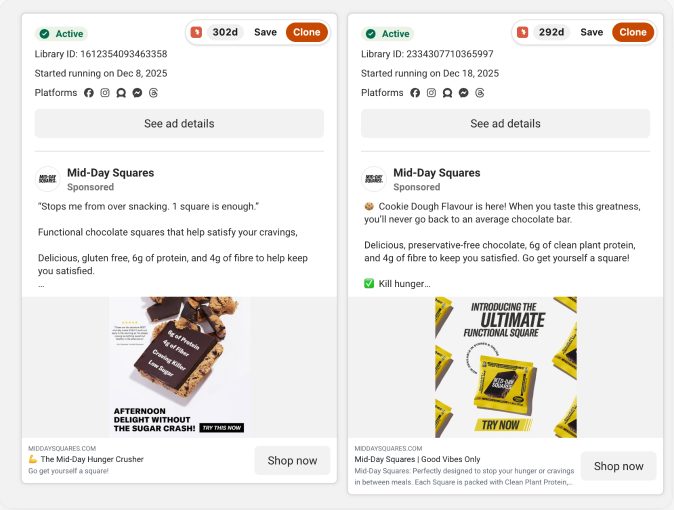 Save and Clone buttons on two ads in the Meta Ad Library, with 302 and 292 days running