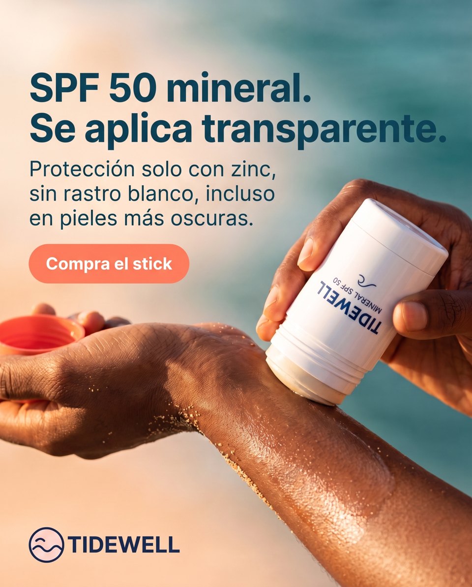 The same sunscreen ad translated into Spanish, with a Compra el stick button