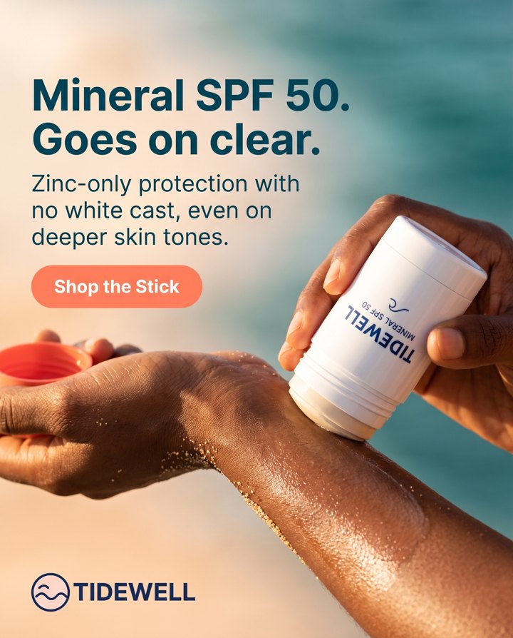 Image ad for a mineral SPF 50 stick: headline Mineral SPF 50. Goes on clear, with a Shop the Stick button