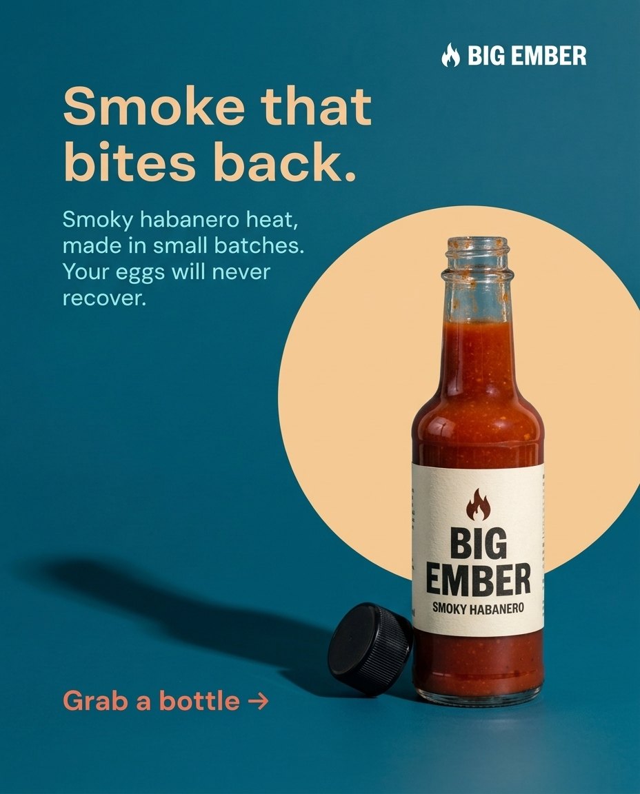 An image ad for the hot sauce reading Smoke that bites back, laid out like the sunscreen ad it was cloned from