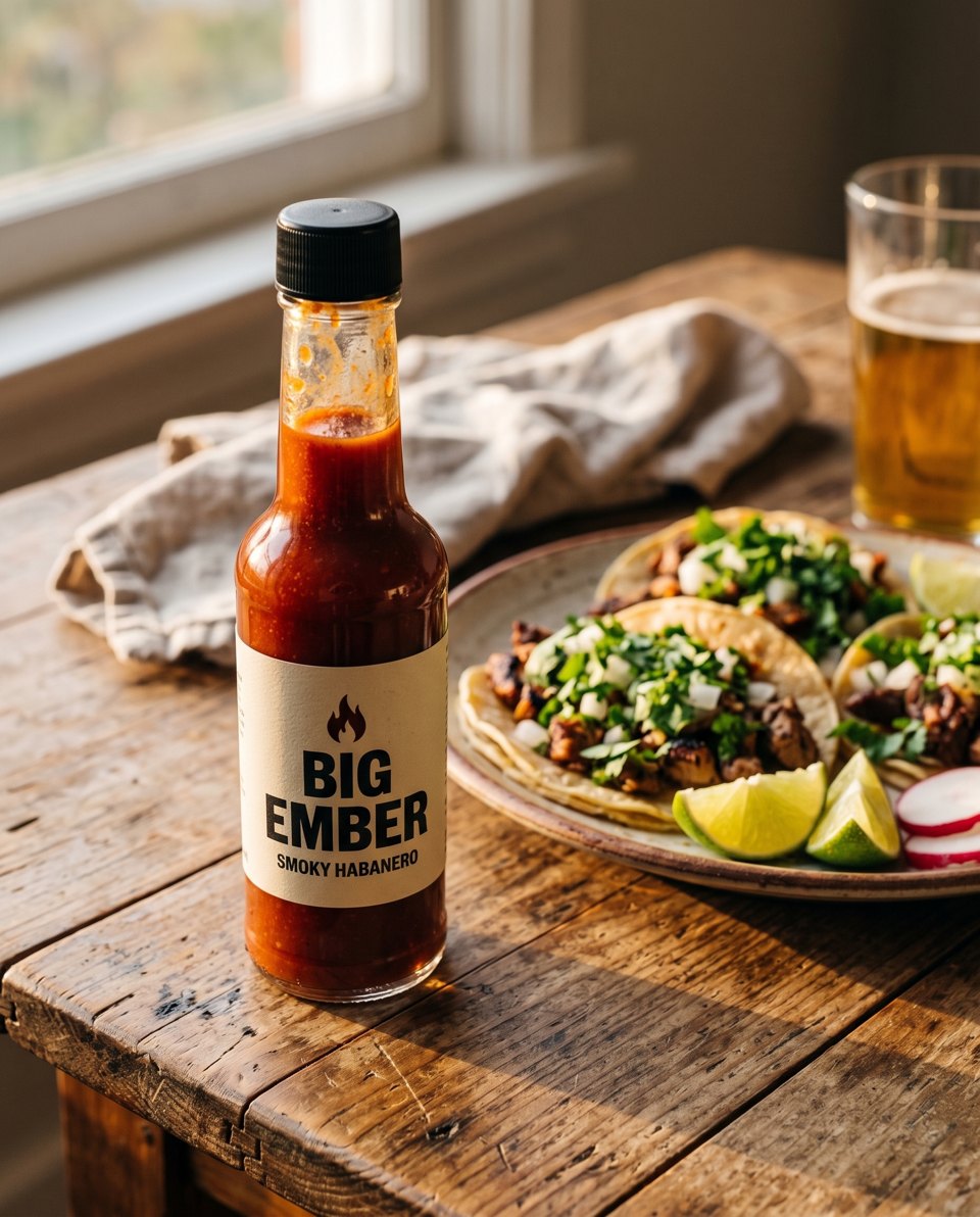 The hot sauce bottle on a wooden table next to tacos and a beer