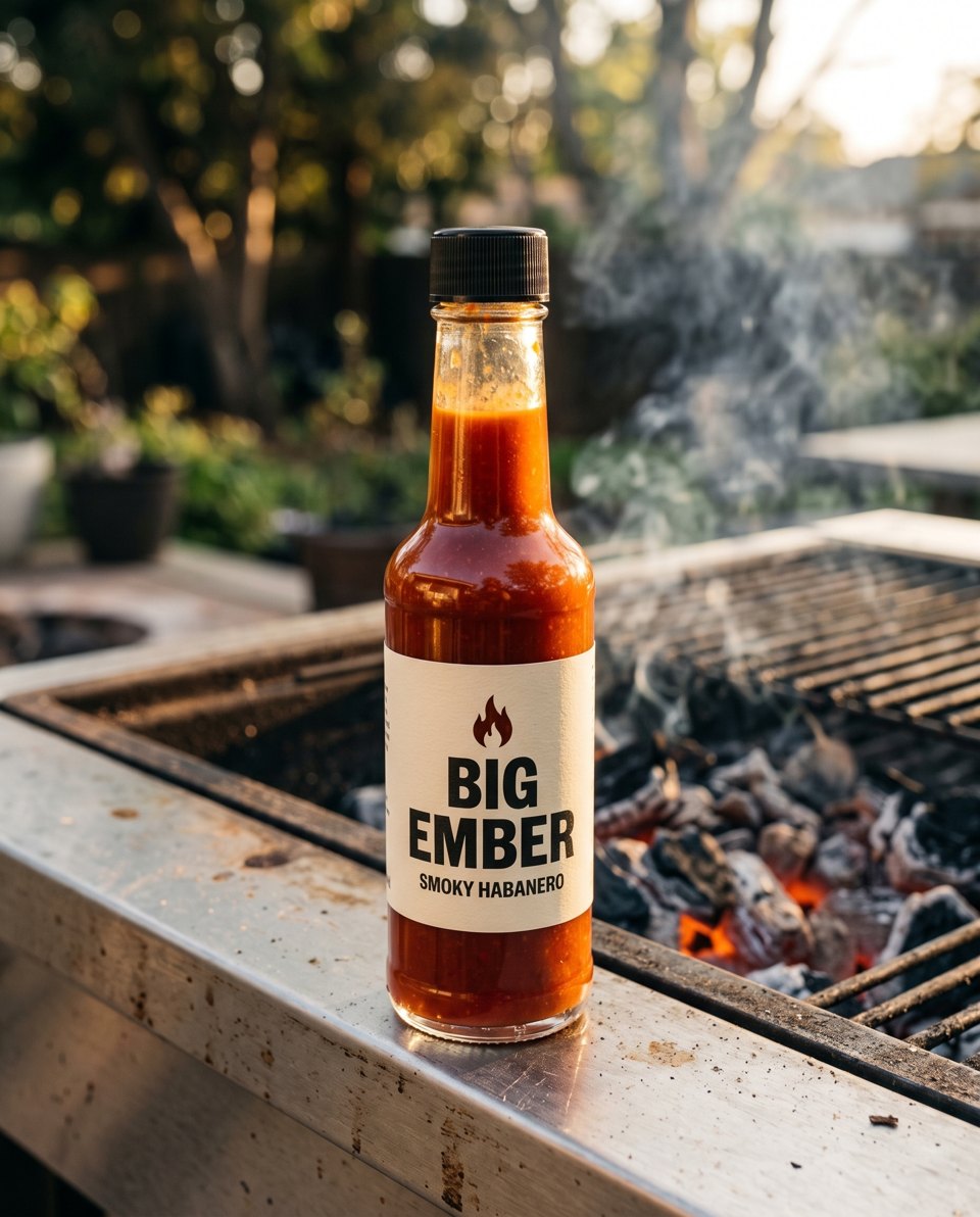 The hot sauce bottle on the edge of a smoking grill