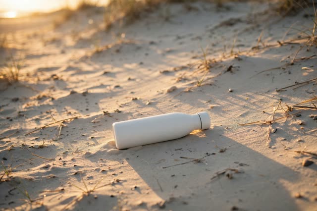 A bottle on wind-blown sand, minimal packshot