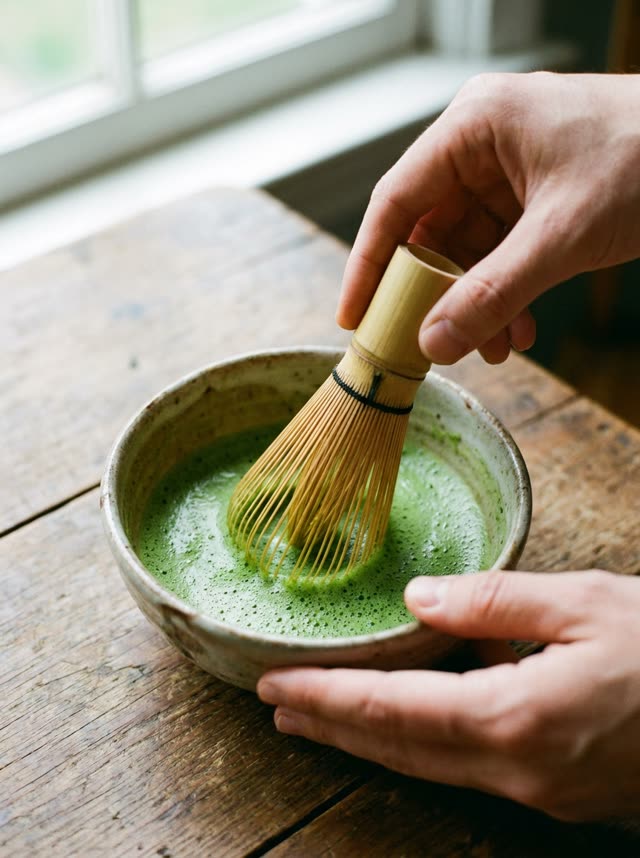 Matcha whisked in a stoneware bowl, product photography