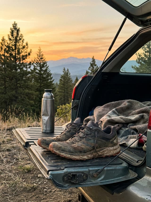 Trail shoes on a tailgate at sunset, lifestyle shot