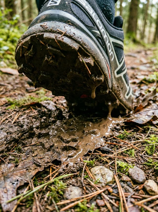 Trail shoe in mud, macro with legible logo