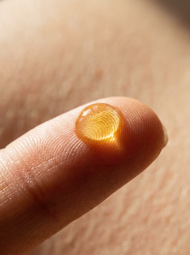 A single drop of serum on a fingertip, macro