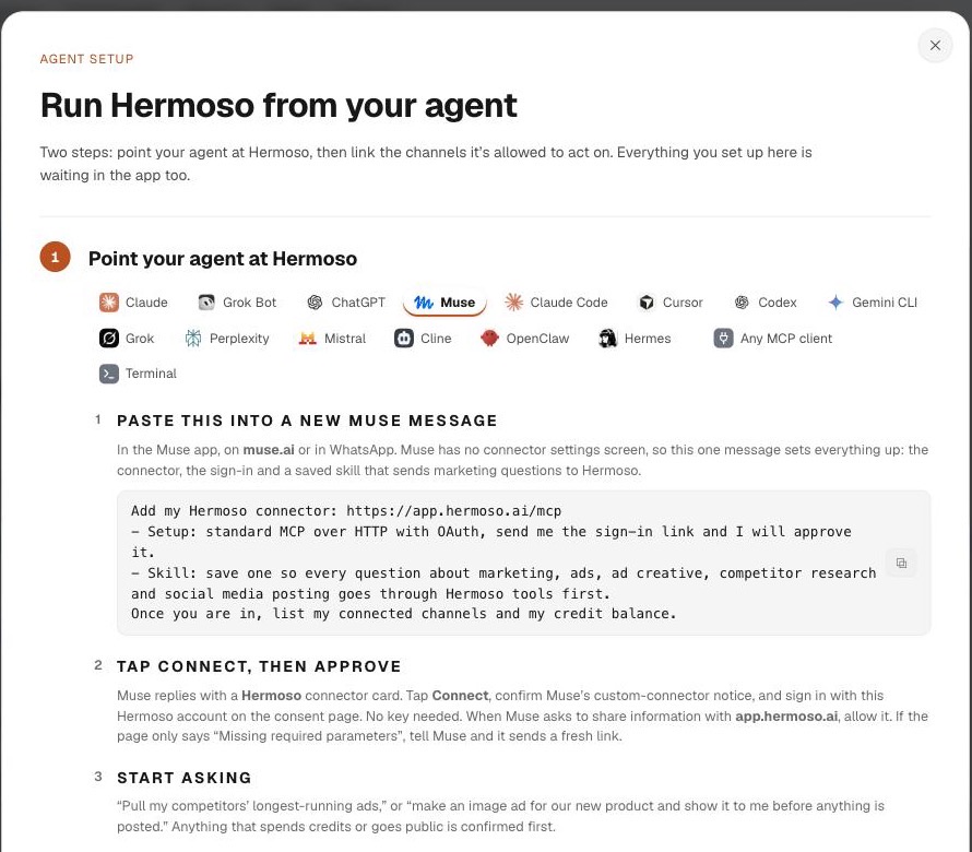The Muse tab of the agent setup in the Hermoso app