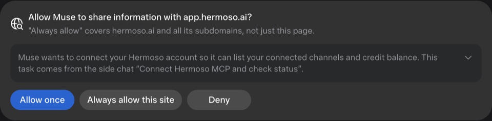 Muse asking to share information with app.hermoso.ai