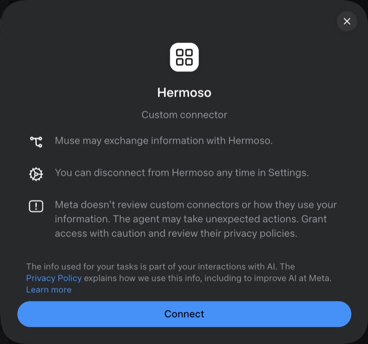 Muse asking to confirm the Hermoso custom connector