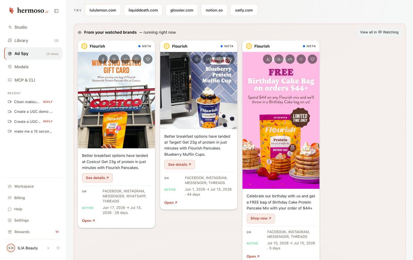 Ad Spy — competitor ads ranked by run-length