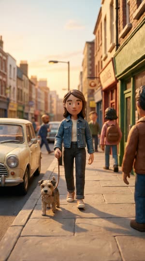 The same street scene restyled as claymation