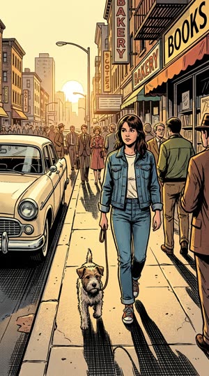 The same street scene restyled as comic book