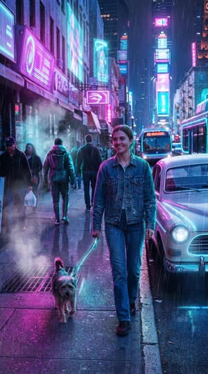 The same street scene restyled as cyberpunk neon
