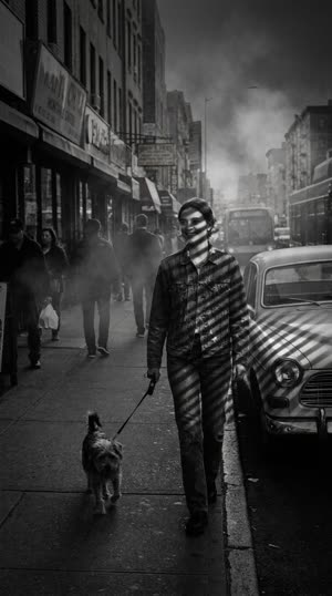 The same street scene restyled as film noir