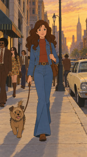 The same street scene restyled as hand-painted cel