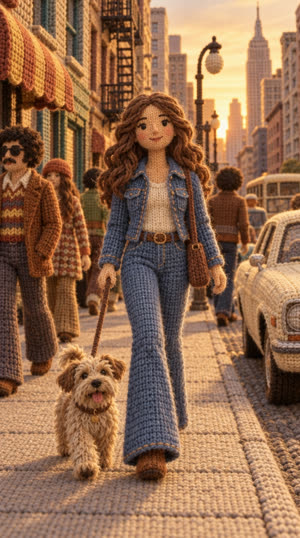 The same street scene restyled as knitted yarn world