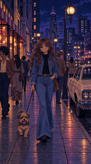 The same street scene restyled as nighttime anime pixel art
