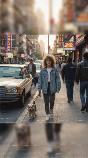 The same street scene restyled as 80s vhs