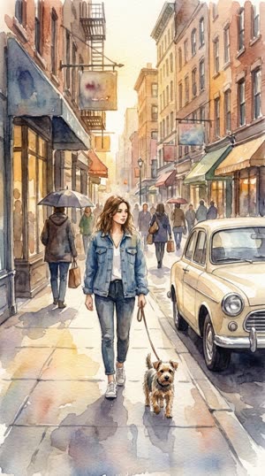 The same street scene restyled as watercolor