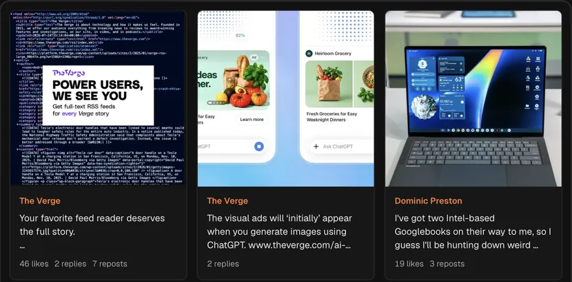 A real lookup in Hermoso: The Verge's recent Bluesky posts with likes, replies and reposts.