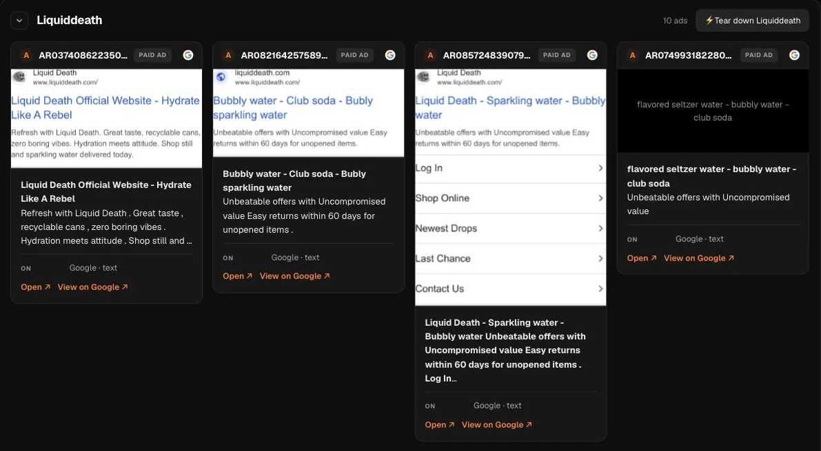 A real search in Hermoso: the Google ads on record for liquiddeath.com.
