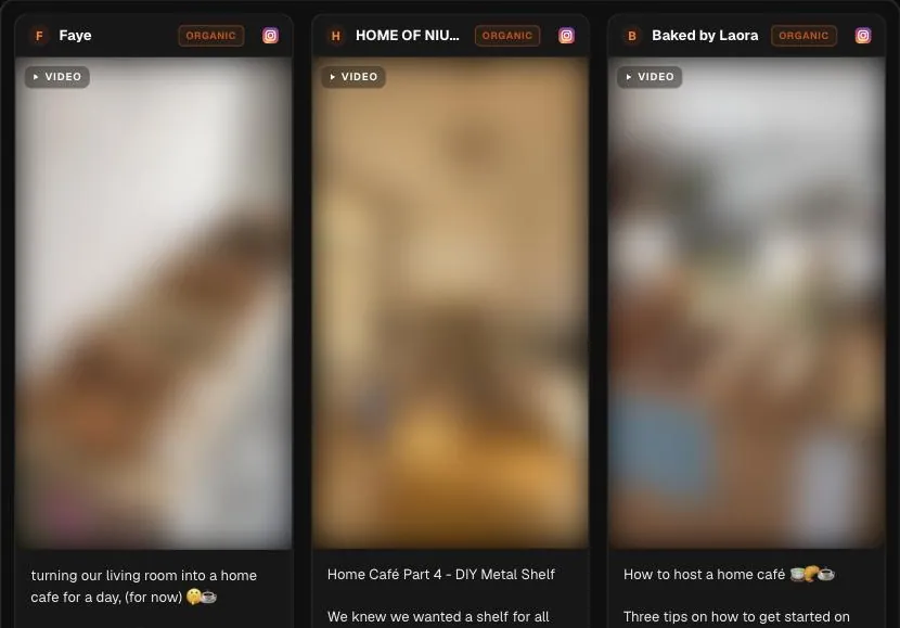 A real search in Hermoso: the top Instagram posts for #homecafe. People's posts are blurred here.