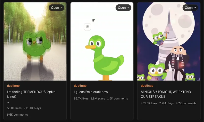 A real lookup in Hermoso: Duolingo's recent Instagram Reels with likes, plays and comments.