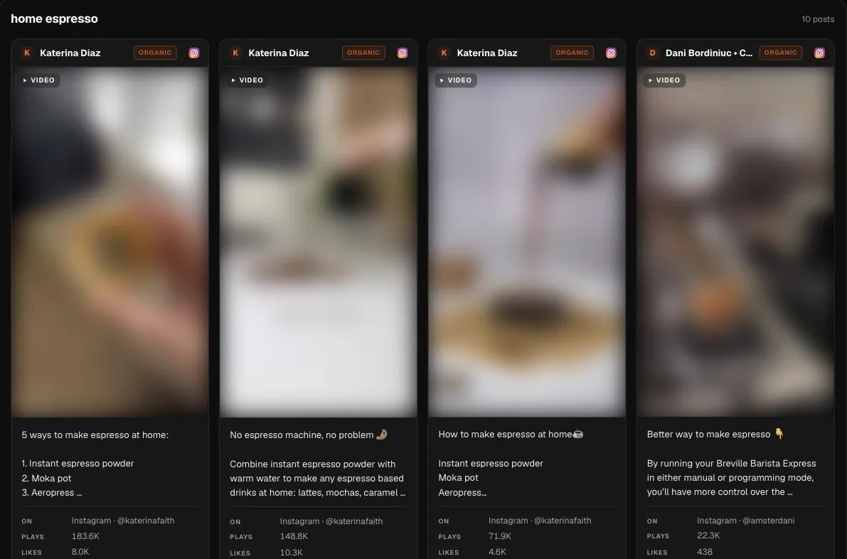 A real search in Hermoso: Instagram posts about home espresso. People's videos are blurred here.