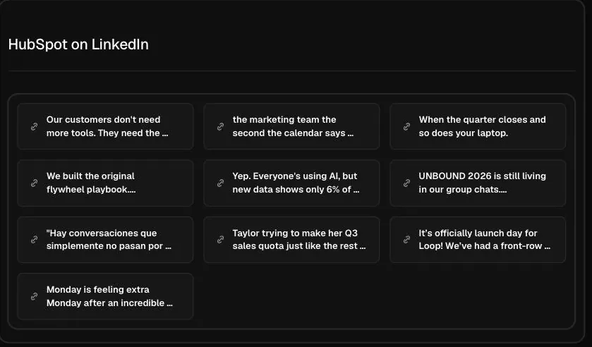 A real lookup in Hermoso: HubSpot's recent LinkedIn company posts.