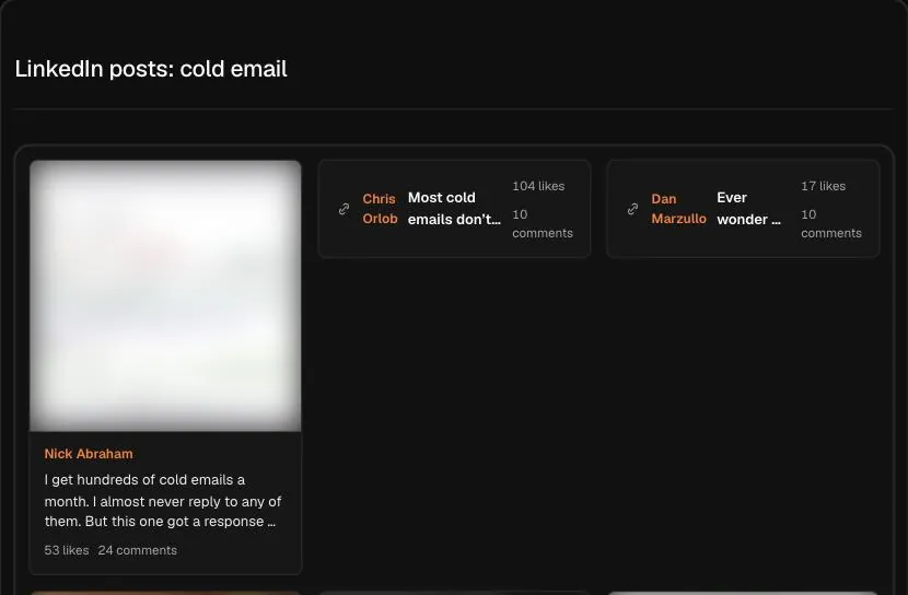 A real search in Hermoso: LinkedIn posts about cold email. Images are blurred here.