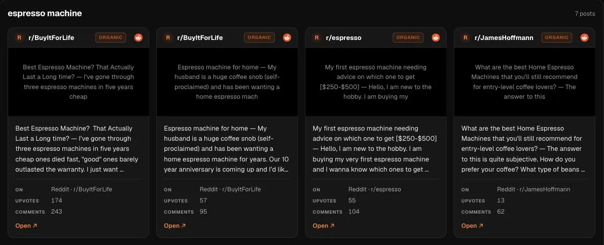 A real search in Hermoso: Reddit posts about espresso machines, with upvotes and comments.