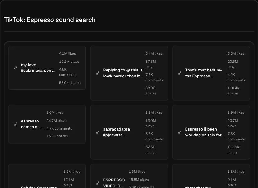 A real lookup in Hermoso: the top TikTok videos using the sound Espresso.