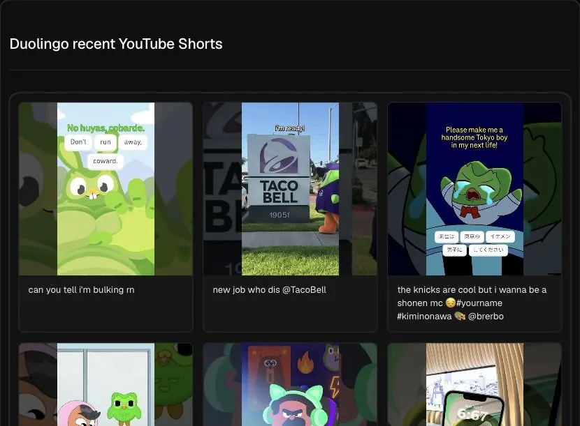 A real lookup in Hermoso: Duolingo's recent YouTube Shorts.